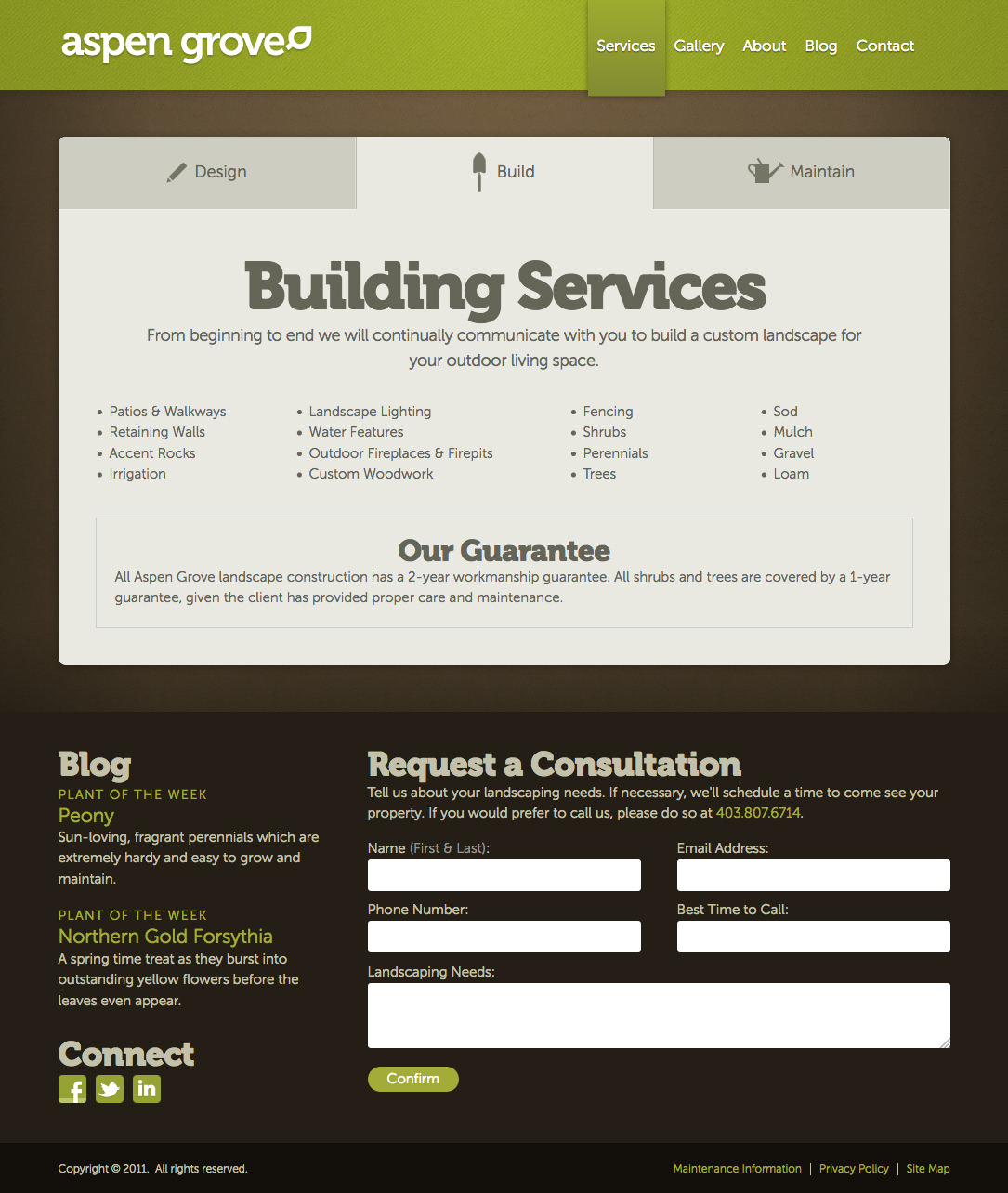 Screenshot of website services page