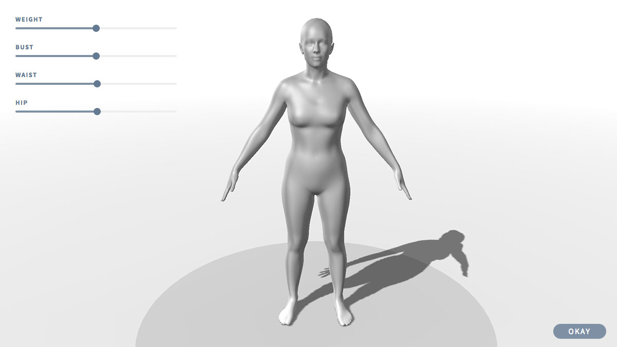 interface with four adjustment sliders and a 3d model of a person